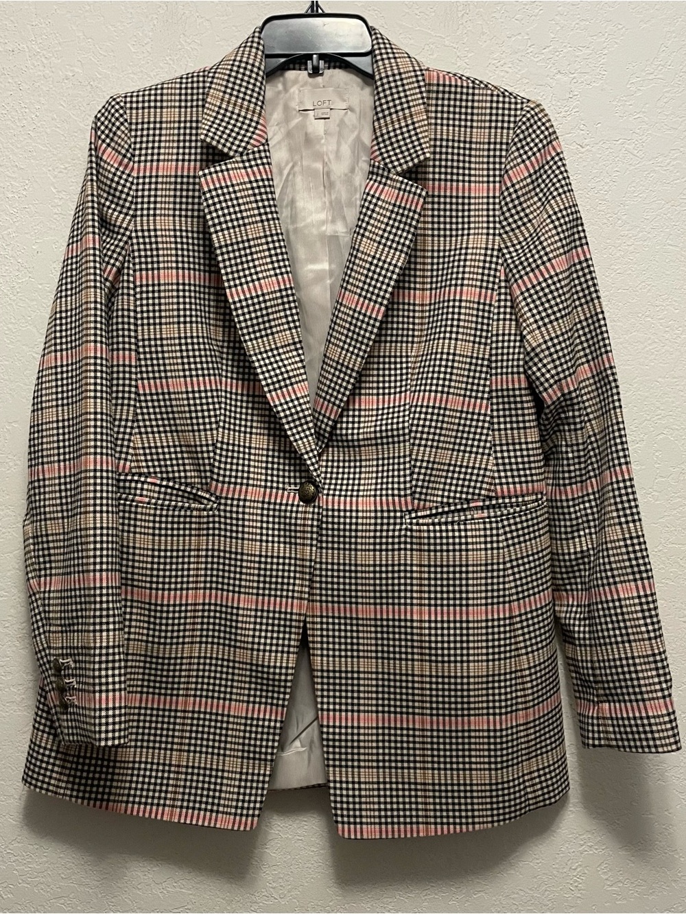 LOFT Plaid Check Blazer Size 2 Tan Black Pink Classic Academia